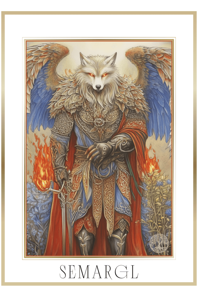 A majestic representation of Semargl, the Slavic god, depicted with the head of a wolf, fiery eyes, and large wings in shades of blue and red, holding a flaming sword in a mystical garden.