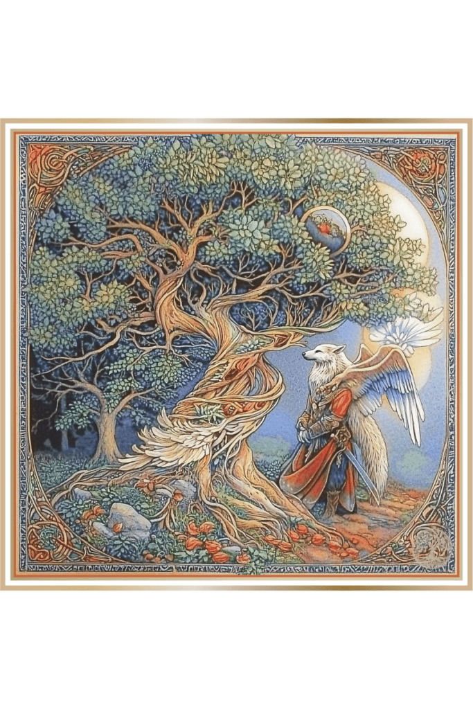 A mystical depiction of Semargl, the Slavic god with the head of a wolf and wings, standing as the guardian of the Tree of Life, surrounded by a lush forest and glowing moonlight.