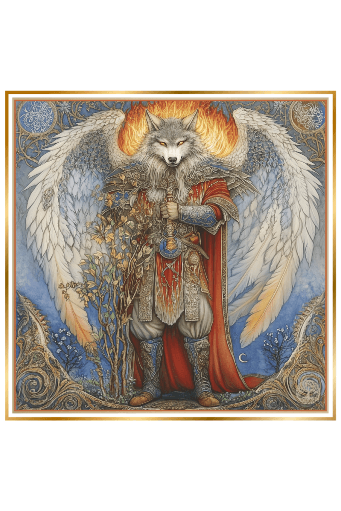 A powerful depiction of Semargl, the Slavic god, standing tall with the head of a wolf, wings of an angel, and a flaming halo, holding a sword and a branch, symbolizing his connection to fire, nature, and protection.