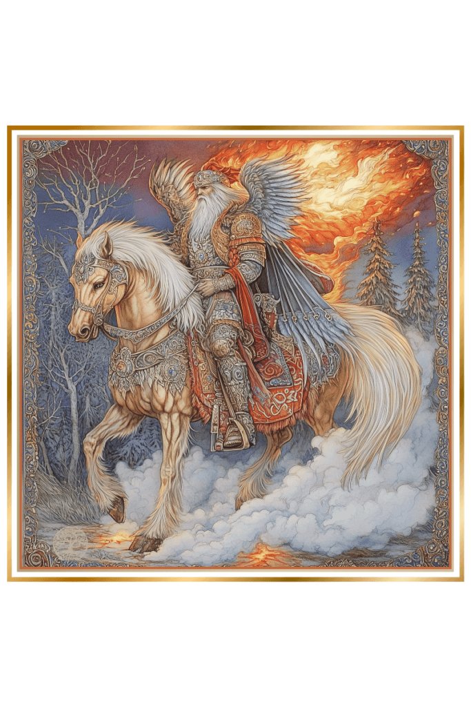 A majestic figure of the Slavic god Semargl, clad in ornate armor, rides a golden-maned horse through a mystical forest with wings unfurled and flames trailing behind him.