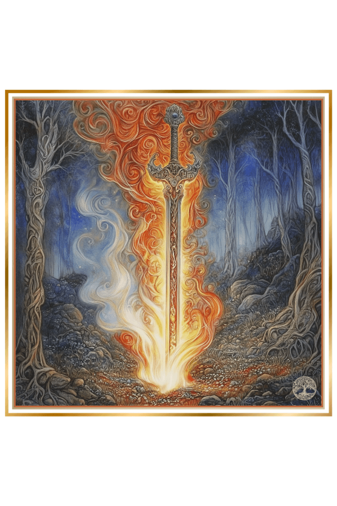 A flaming sword with intricate designs stands upright in a mystical forest, surrounded by swirling flames and smoke, symbolizing the power of the Slavic god Semargl.