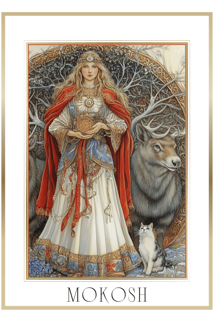 Illustration of Slavic goddess Mokosh standing between two deer, holding a sacred object with a cat at her feet.