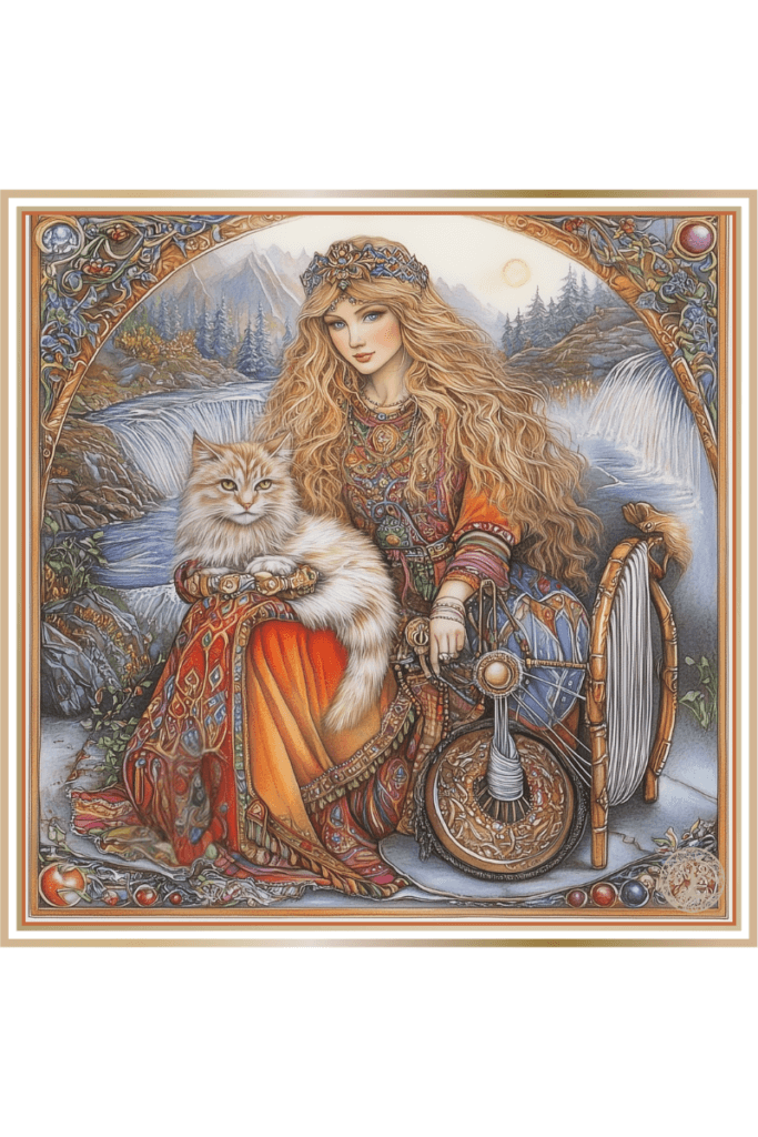 Illustration of Slavic goddess Mokosh seated by a spinning wheel with a cat in her lap, surrounded by nature.