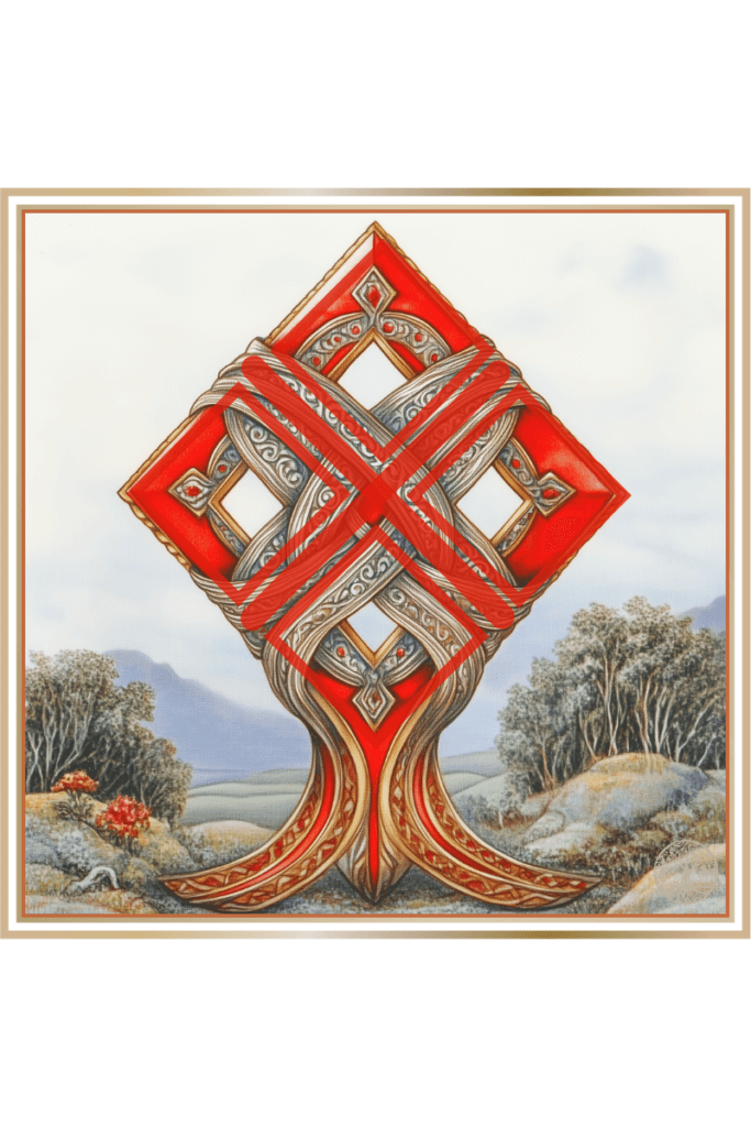 Intricate Slavic symbol associated with the goddess Mokosh, featuring interwoven patterns in red and silver tones.