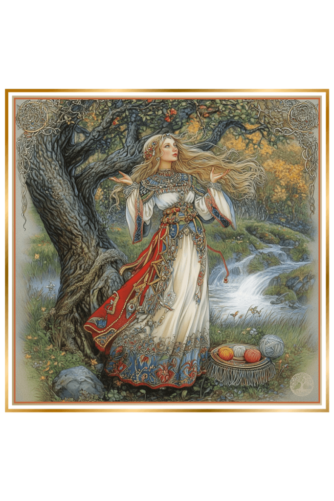 Slavic goddess Mokosh standing in a flowing gown by a tree, with spinning tools at her feet.