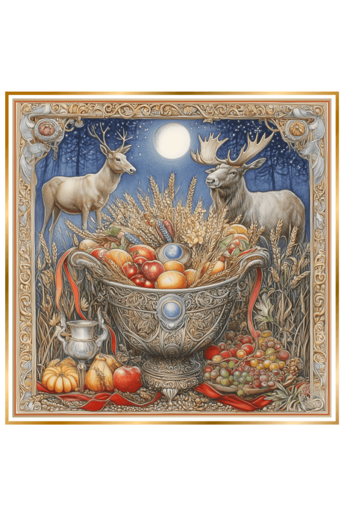 Elaborate cornucopia overflowing with fruits and grains, flanked by deer under a full moon.