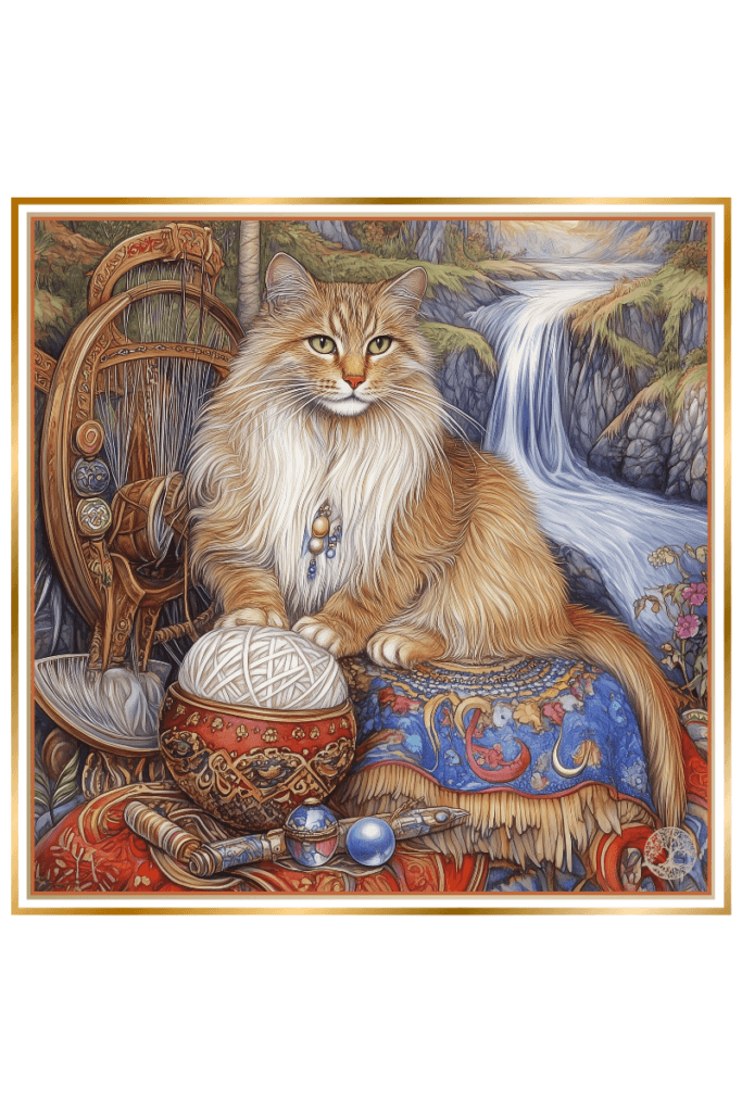 Golden cat seated on ornate textiles with a spindle, yarn, and a flowing river in the background.