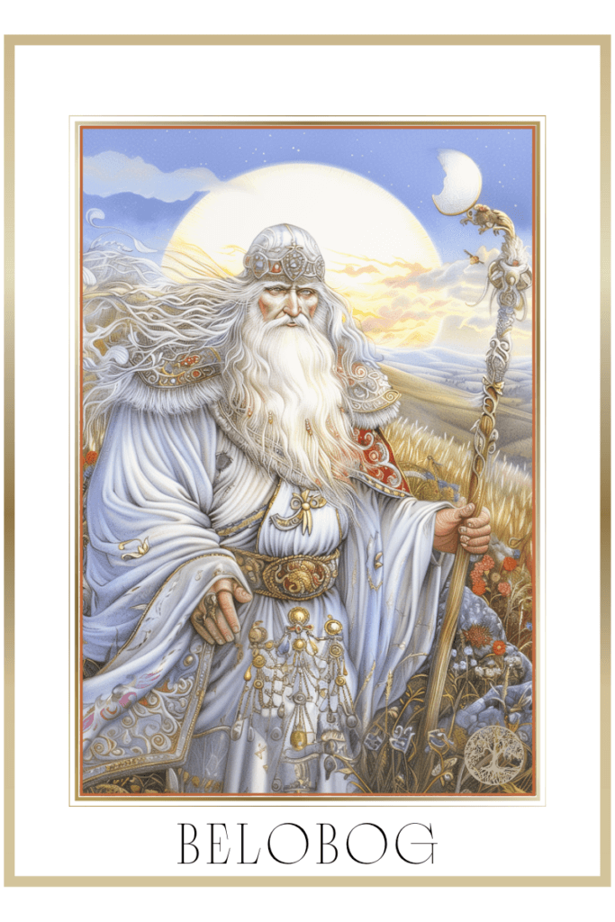 Elderly Slavic deity Belobog with a long white beard, dressed in white robes, holding a staff and a piece of iron. He stands on a sunlit hill with silver and gold decorations, surrounded by fields of grain and bees.