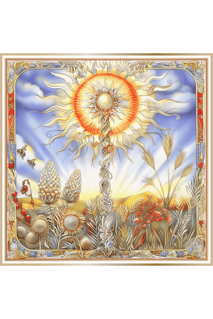 Illustration of Belobog's symbols: a piece of glowing iron symbolizing justice, bees representing his patronage of beekeepers, and a radiant sun illuminating a hill with a temple adorned in silver and gold