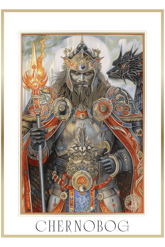 Depiction of Chernobog, the Slavic deity of evil, wearing armor, holding a spear, with a face full of rage, seated on a black granite throne.