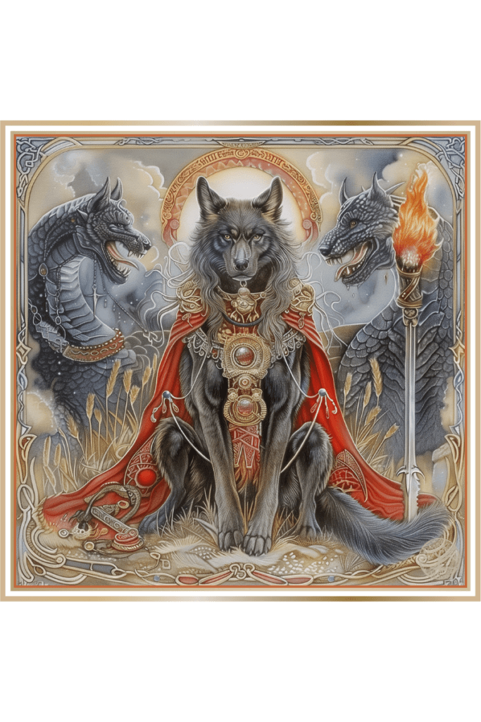 Illustration depicting the symbology of Chernobog, the Slavic deity of darkness and evil, featuring a black dog, a fiery chalice, an ornate spear, and a dark dragon.