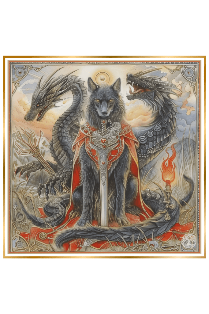 Intricately designed black throne, scepter, and fiery whip symbolizing Chernobog, the Slavic god of darkness and chaos, set against a dark, mystical backdrop.