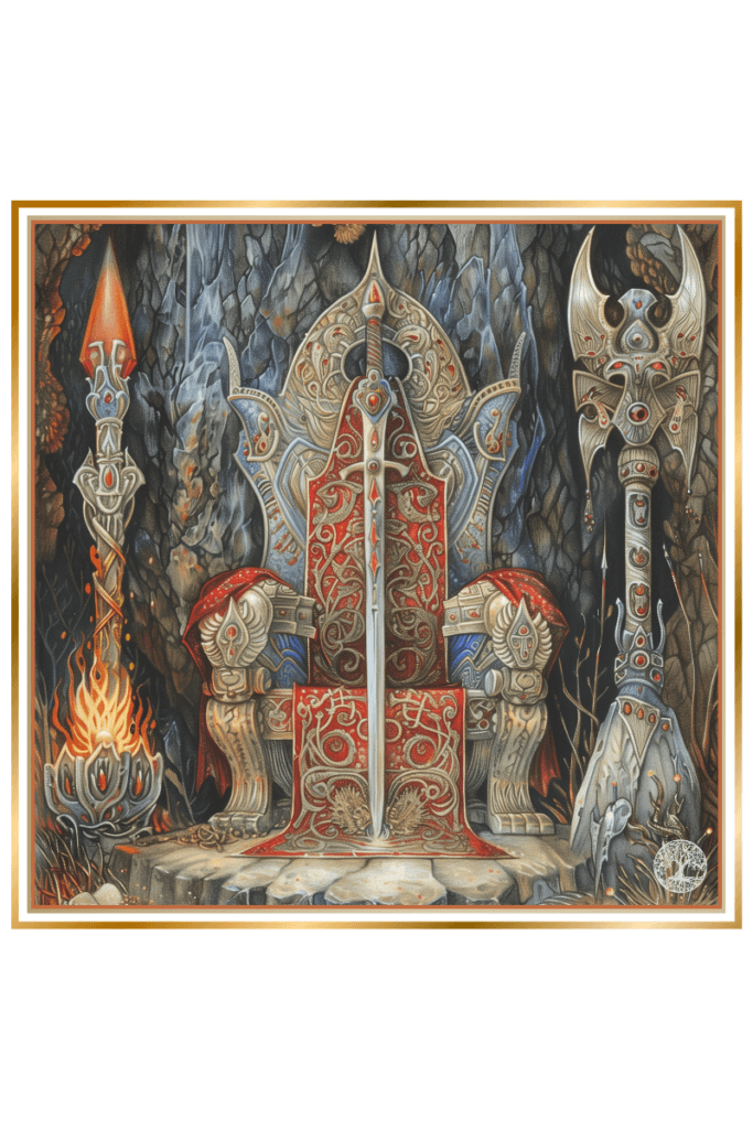 Illustration of Chernobog, the Slavic deity of darkness and evil, depicted in armor with a spear and two black dogs, sitting on a dark throne surrounded by fiery and dragon symbols.