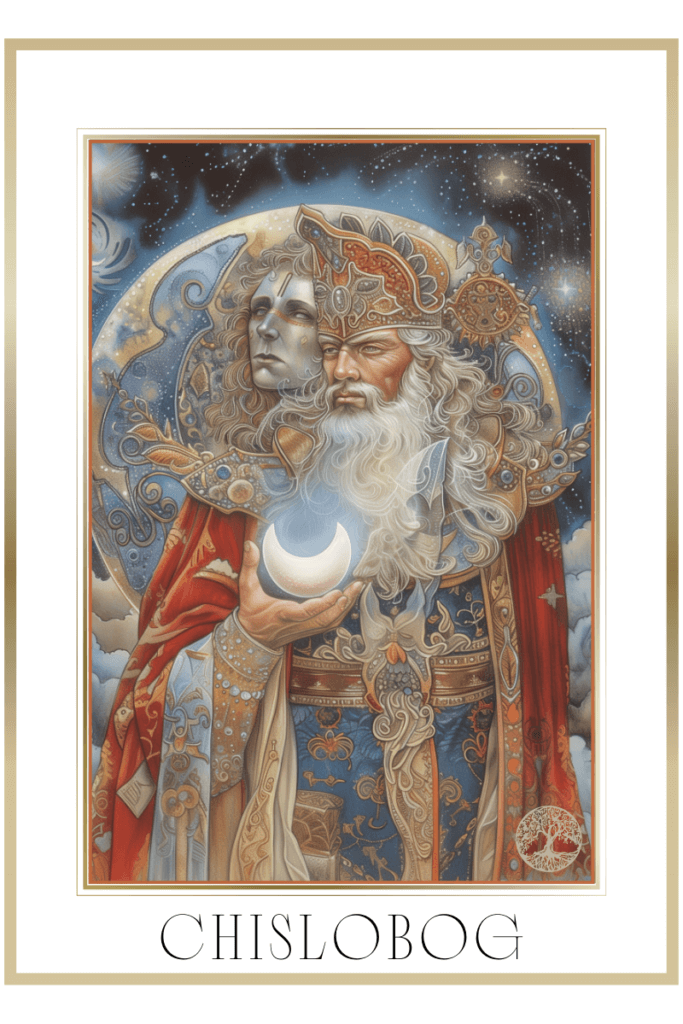 Chislobog, the Slavic deity of time, depicted as an old man with a moon on his chest, two faces symbolizing the sun and the moon, holding a sword and a shield with a Runic calendar