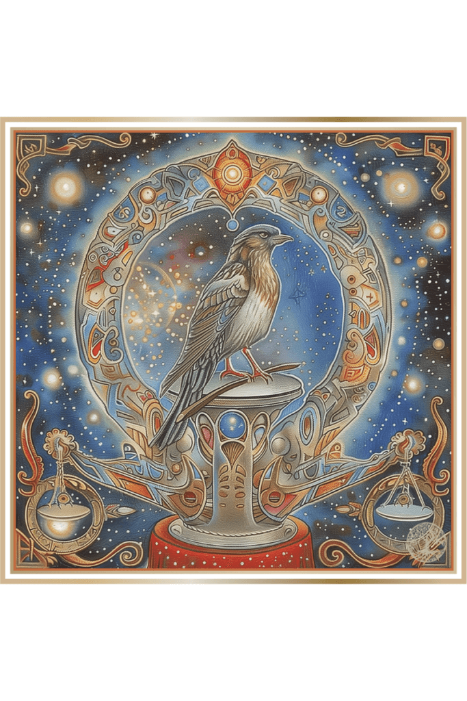 An intricate depiction of Chislobog's symbology featuring a cuckoo bird perched within a celestial circle adorned with cosmic symbols and ornate designs. The scene is set against a starry background, with the Universal Scales and elements of the Circle of Time prominently displayed.