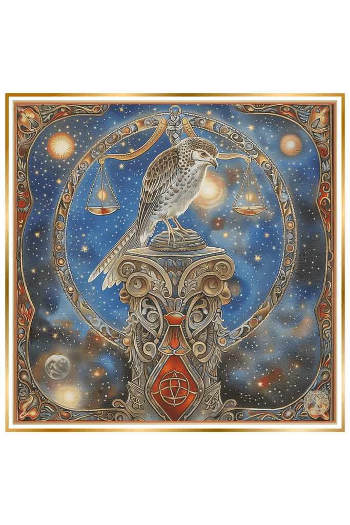 A detailed depiction of Chislobog's symbology featuring a cuckoo bird perched on an ornate pedestal, surrounded by a celestial circle with the Universal Scales. The backdrop is a star-filled night sky with cosmic elements.