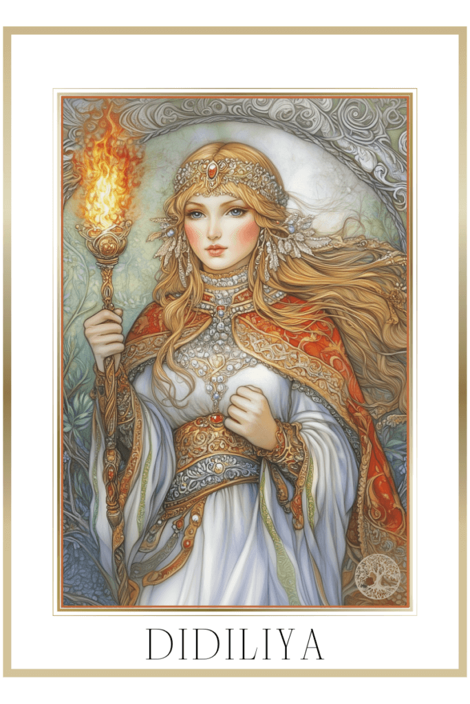 Slavic Goddess Didiliya holding a lit torch, adorned in ornate garments with flowing golden hair, standing amidst a mystical forest