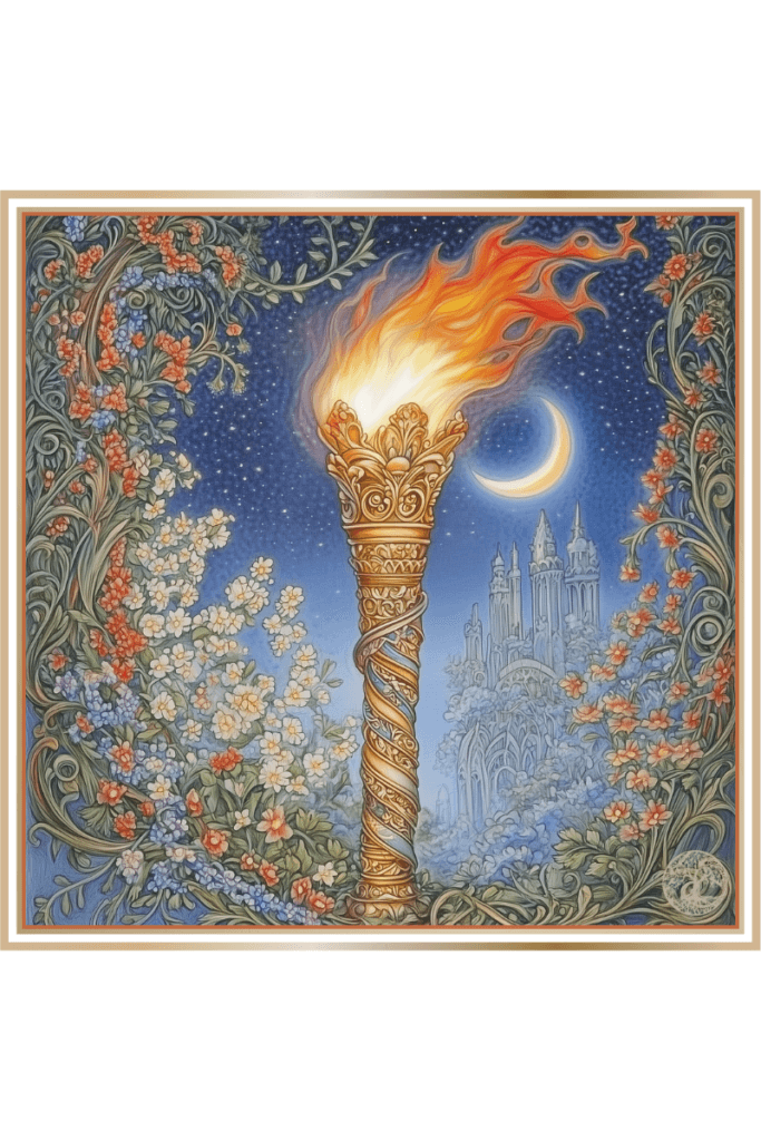 A golden torch with a blazing flame surrounded by blooming flowers and a crescent moon in the background, symbolizing Slavic Goddess Didiliya.