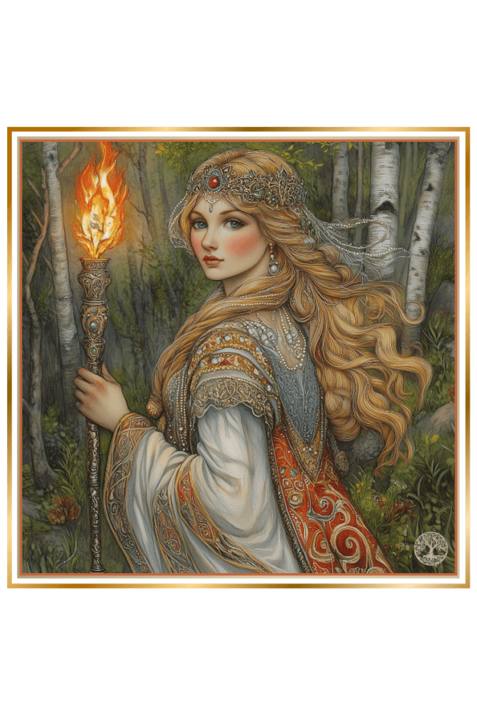 Slavic Goddess Didiliya in ornate attire, holding a lit torch in a mystical forest.