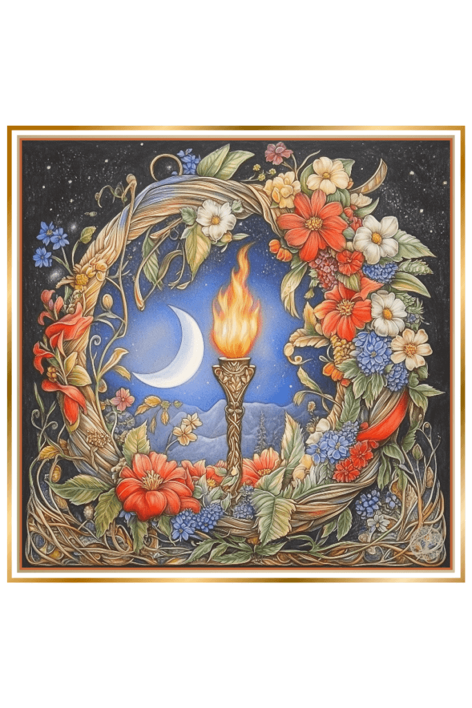 A symbolic torch surrounded by a wreath of vibrant flowers with a crescent moon in the background, representing the Slavic Goddess Didiliya.