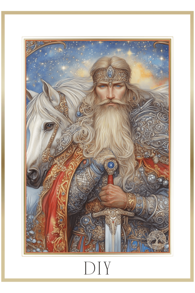 Illustration of Diy, the Slavic God of the Sky, depicted with a majestic white horse. Diy is adorned in a silver mantle with intricate designs, holding a sword, with a backdrop of a starry sky and celestial light.