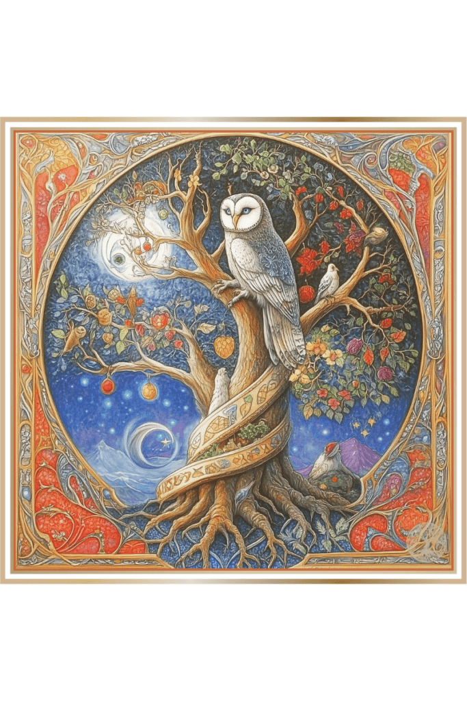 Illustration symbolizing the Slavic God Diy, featuring an ornate tree with an owl perched on its branches, surrounded by celestial elements and colorful foliage, under a night sky with stars and a crescent moon.