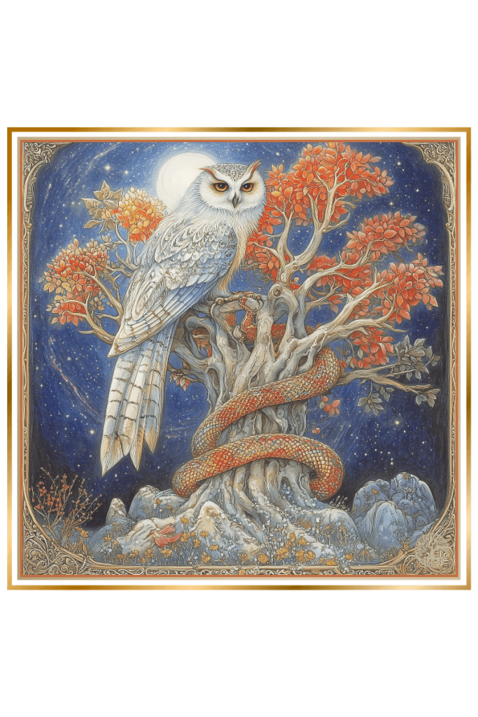 Illustration symbolizing the Slavic God Diy, featuring a majestic owl perched on a tree with autumnal foliage and a coiled serpent, under a starry night sky with a full moon.