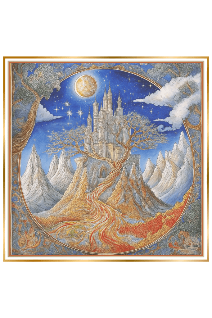 Illustration symbolizing the Slavic God Diy, featuring a majestic castle on a mountain, a large tree with roots entwined around the mountain, and a glowing full moon in a starry night sky.