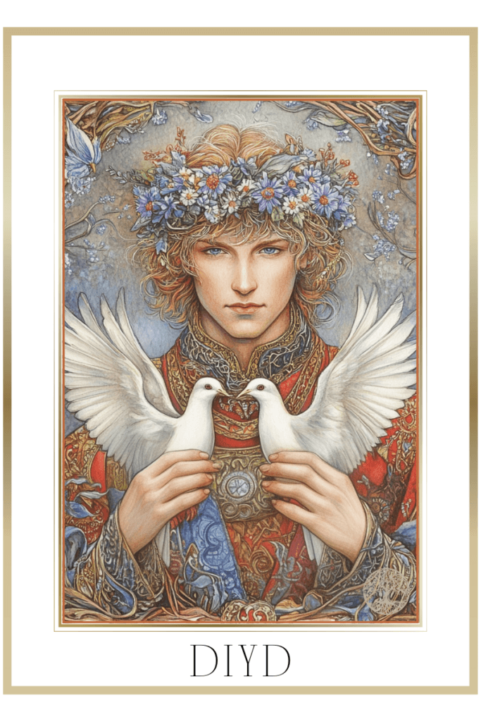 Illustration of Slavic deity Diyd wearing a wreath of cornflowers and holding two doves, symbolizing family unity and harmony.