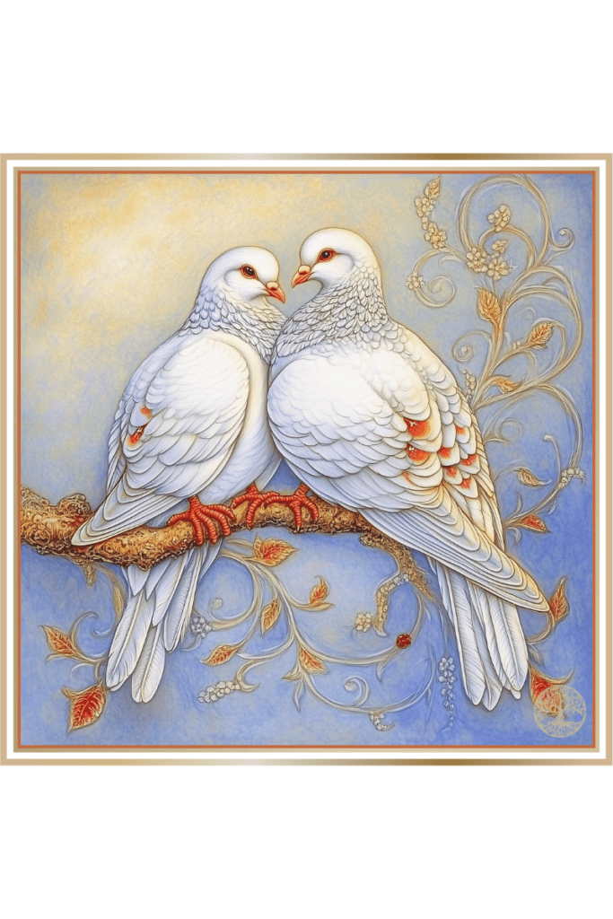 Illustration of two doves perched closely together on a branch, symbolizing love and family unity in Slavic mythology.