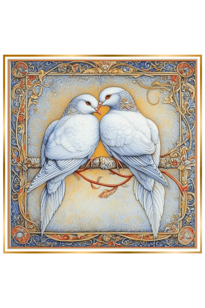 Illustration of two doves perched closely together on a branch, framed by ornate patterns, symbolizing love and unity in Slavic mythology.