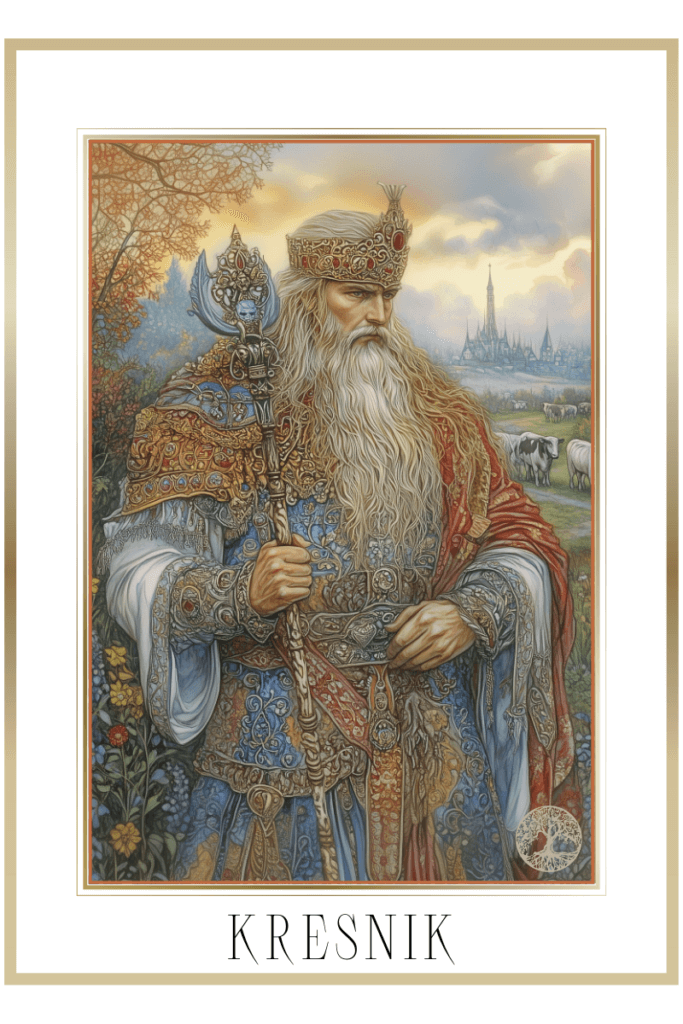 Illustration of Slavic god Kresnik, depicted as an elderly king in ornate royal robes, holding a scepter, standing in a vibrant, flowery field with cattle grazing in the background.