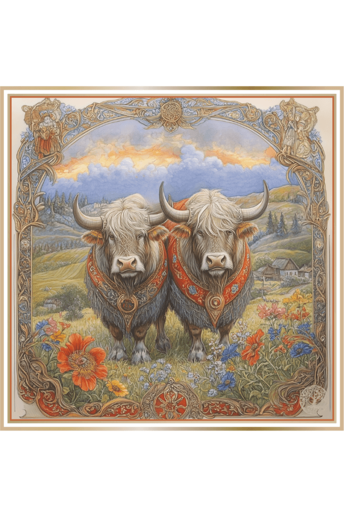 Illustration of two majestic cattle adorned with ornate collars, standing in a vibrant, flower-filled meadow with a serene rural landscape in the background, symbolizing the Slavic god Kresnik’s connection to agriculture and livestock.