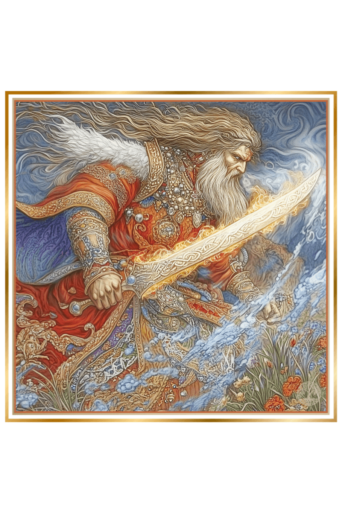 Illustration of Slavic god Kresnik in battle, wielding a glowing, ornate sword with a determined expression, surrounded by swirling winds and vibrant flowers