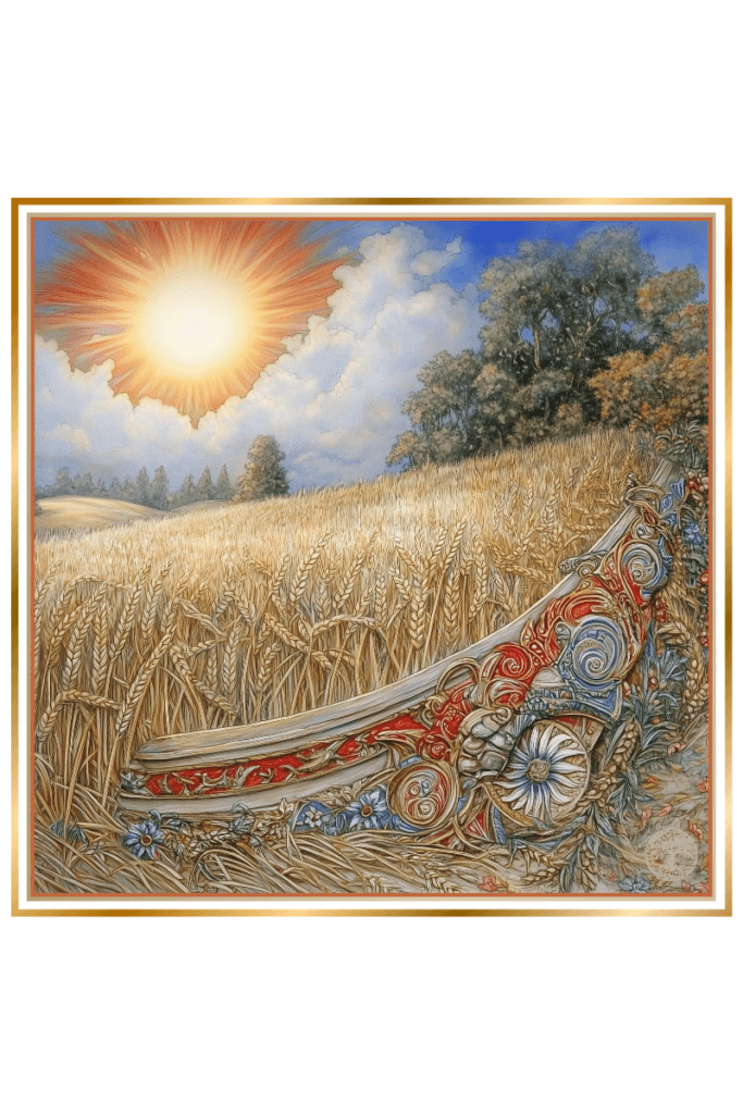 Illustration of a vibrant wheat field under a radiant sun, with an ornate plow adorned with intricate carvings resting among the golden crops, symbolizing the Slavic god Kresnik’s connection to agriculture.