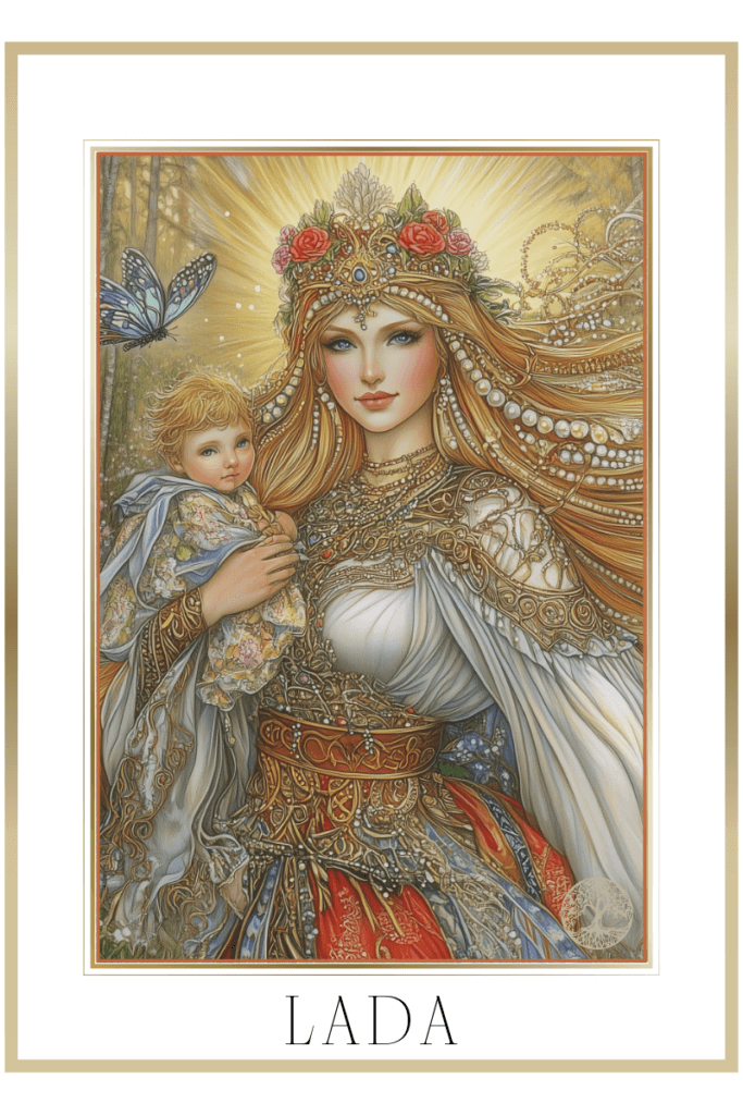 An illustration of Lada, the Slavic Goddess of Love, holding her son Lelya, the god of love. Lada is depicted with flowing golden hair, adorned with a crown of roses and pearls, standing in a forest with birch trees and a butterfly nearby.