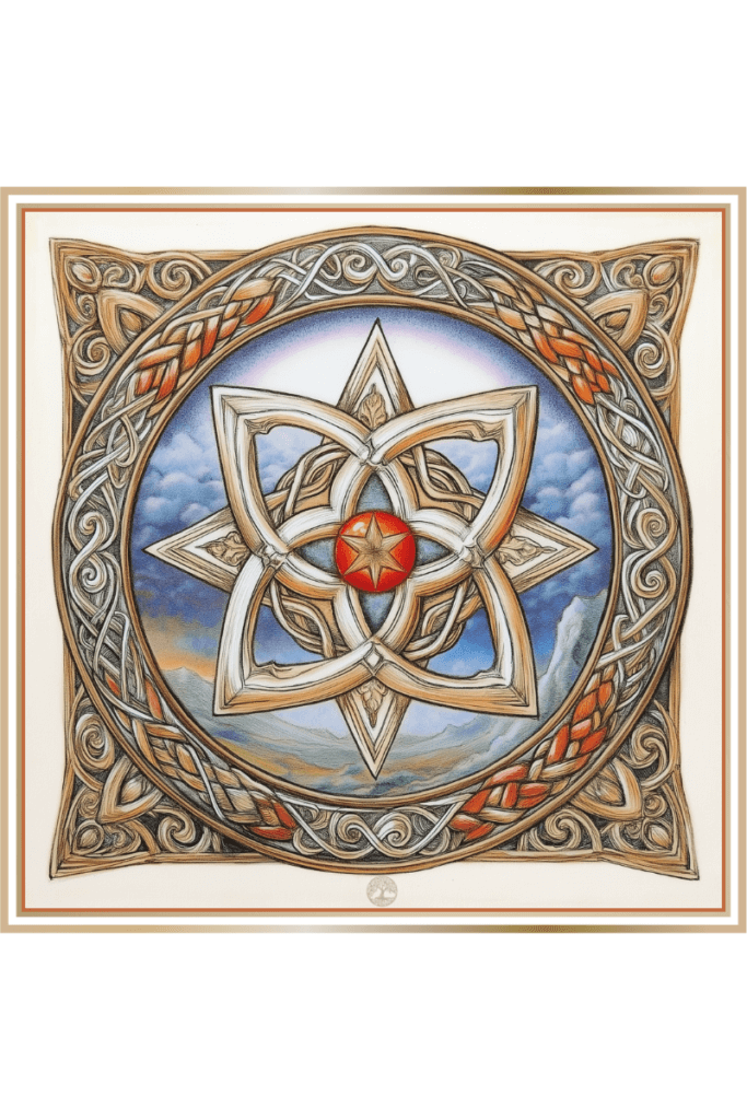 An intricate illustration of the Star of Lada, symbolizing the Slavic Goddess of Love, featuring intertwined patterns and a central red star, set against a background of sky and mountains.