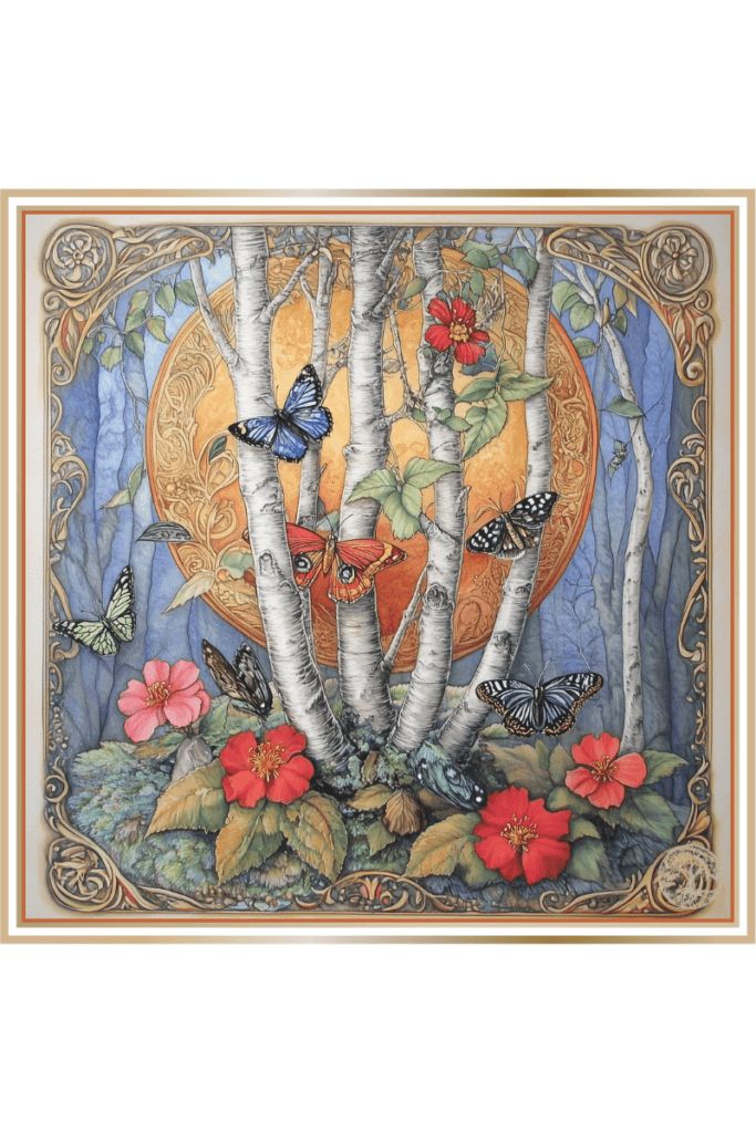 A detailed illustration symbolizing Lada, the Slavic Goddess of Love, featuring birch trees, spring flowers, butterflies, and songbirds. The image includes gold and bronze accents, emeralds, and the Star of Lada with the planet Venus in the background.