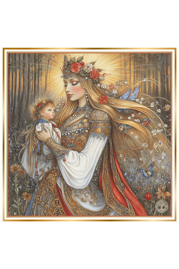 A beautiful woman with golden flowing hair adorned with pearls, wearing a crown of roses and a traditional Slavic gown with intricate designs and a golden belt. Butterflies surround her as she holds a baby son and grains and flowers, with sun rays and a dense forest in spring in the background.