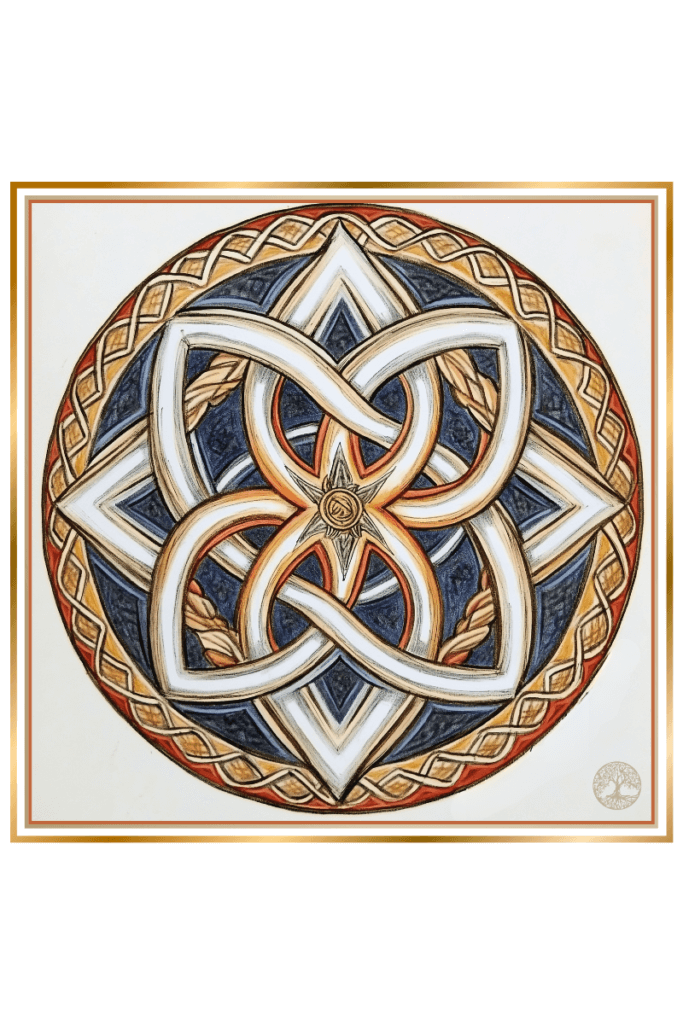 A detailed illustration of the Star of Lada, symbolizing the Slavic Goddess of Love. The design features intricate, interwoven patterns with a central star motif, highlighted by shades of gold, white, and blue.