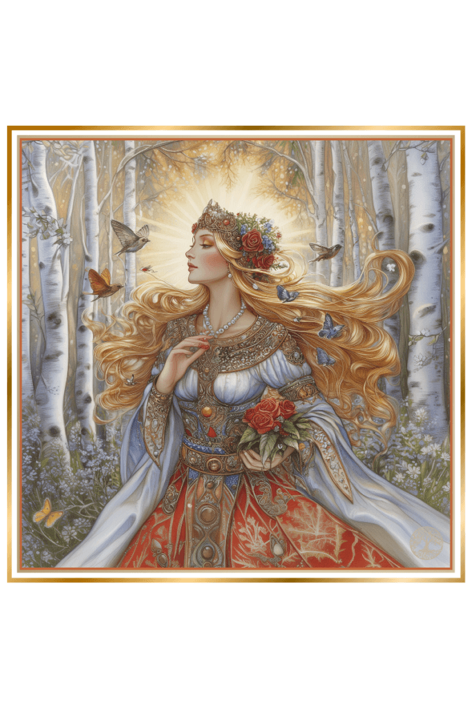 A beautiful illustration of Lada, the Slavic Goddess of Love, depicted with golden flowing hair adorned with a crown of roses. She wears a traditional Slavic gown with intricate designs and a golden belt. Butterflies and songbirds surround her in a birch forest, with sun rays shining in the background.