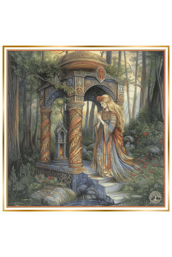 A detailed illustration of a Slavic temple dedicated to Lada, the Goddess of Love. The temple stands in a dense forest, adorned with vibrant pillars entwined with roses. Inside, a statue of Lada depicts her as a radiant woman with golden hair, crowned with roses, holding her son, Lelya, the god of love.