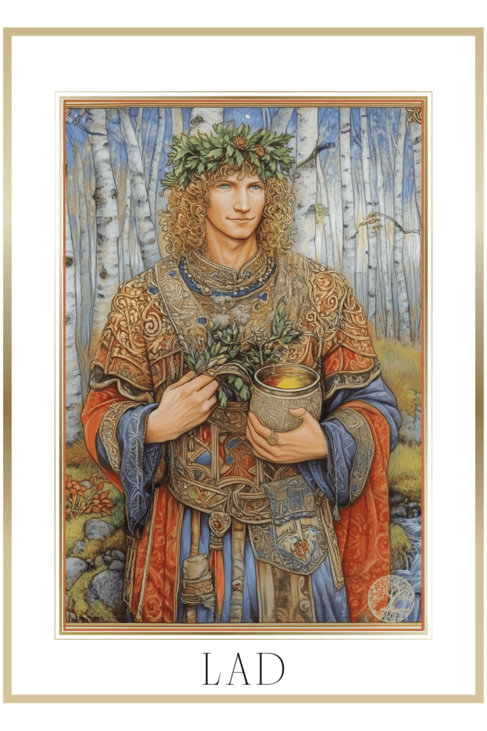 Lad the Slavic god of light, depicted as a youthful figure with curly hair, wearing a wreath and ornate clothing, holding a cup of mead in a birch forest.