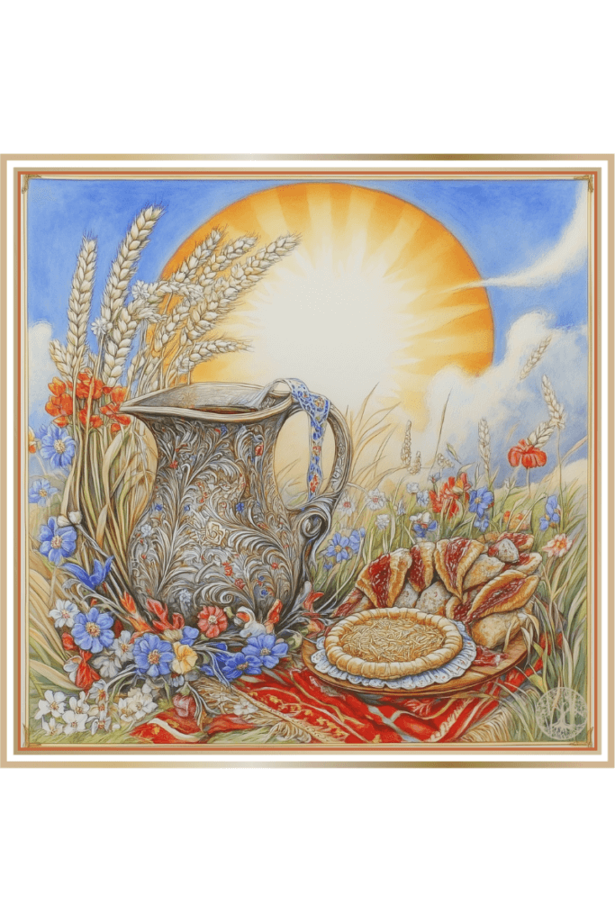 Symbols of Lad, the Slavic deity, including a horn with wine, pies, a sheaf of wheat, the sun, a kobza, and a mead cup, surrounded by symbols of love, spring, summer, harmony, and beauty.