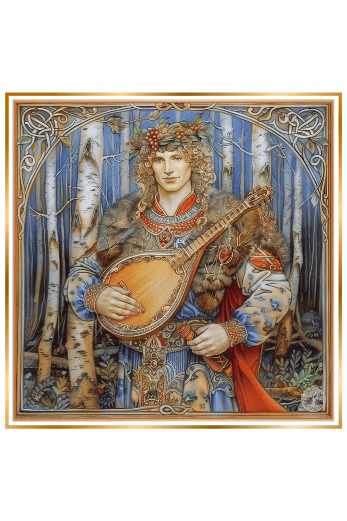 Lad, the Slavic god of light, depicted as a joyful youth with curly hair, wearing a wreath and simple attire, playing the kobza in a festive natural setting.