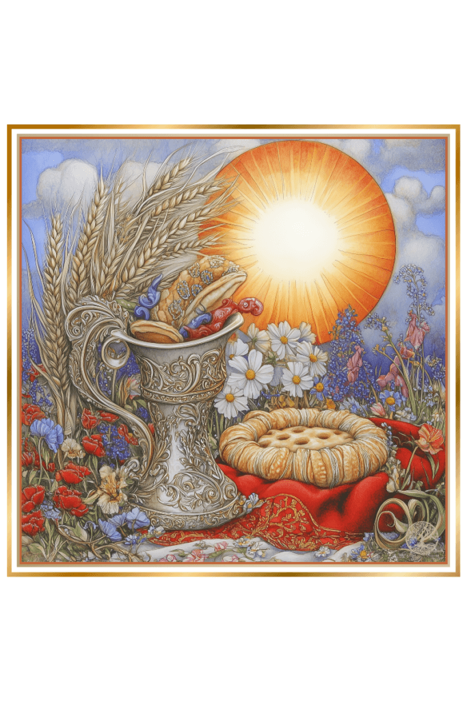 Symbolic elements of Lado, the Slavic deity, including a horn with wine, pies, a sheaf of wheat, and the sun, surrounded by vibrant flowers.