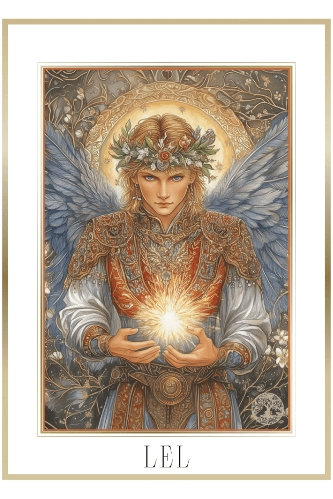 Illustration of Slavic god Lel, a golden-haired winged youth with a wreath of spring flowers, holding a glowing orb of fiery sparks, symbolizing passion and renewal.