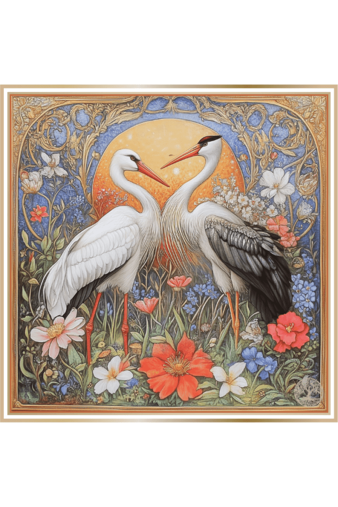 Intricate illustration of Slavic god Lel's symbology, featuring two storks surrounded by blooming spring flowers with a warm sun in the background, symbolizing love, renewal, and the arrival of spring.