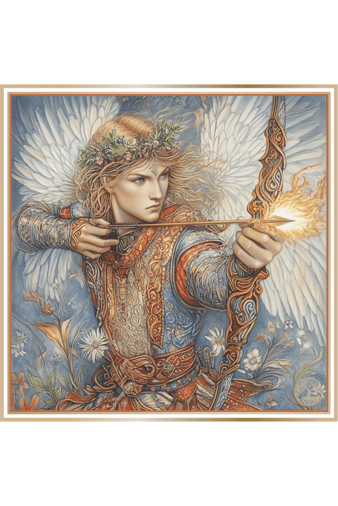 Illustration of Slavic god Lel, a golden-haired winged youth wearing a wreath of spring flowers, drawing a bow with an arrow igniting sparks, symbolizing love and passion.