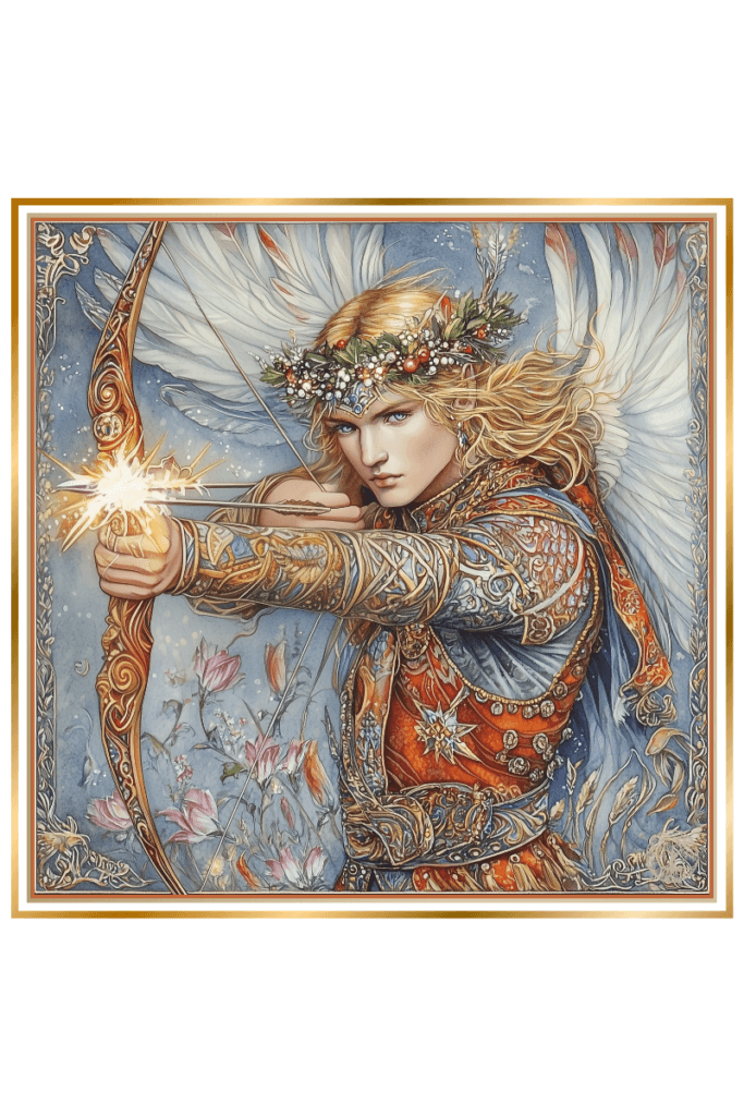 Illustration of Lel Slavic God, a golden-haired winged youth wearing a wreath of spring flowers, drawing a bow with an arrow igniting sparks, symbolizing love and passion.